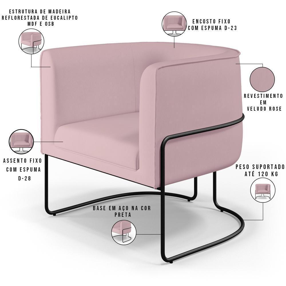 Poltrona Fixa Base De Aço Preto Betina D02 Veludo Rosê C-305 - 6