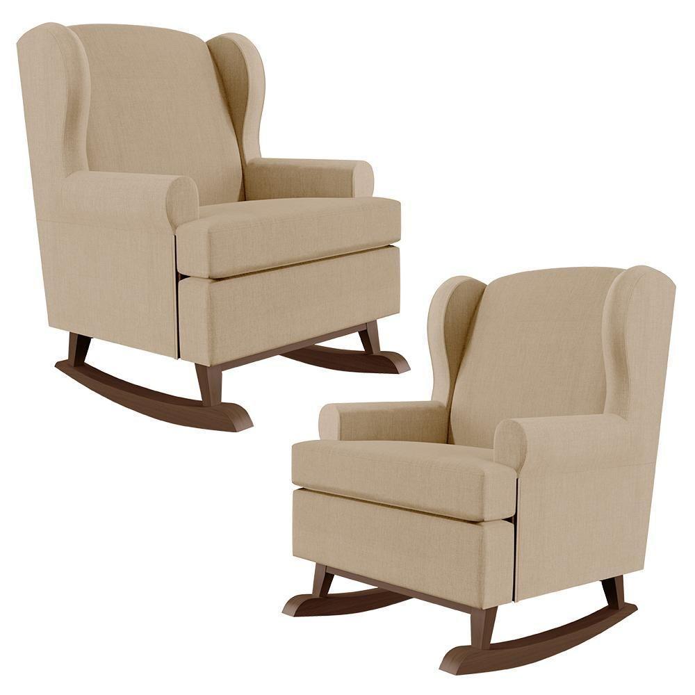 Kit 02 Poltronas Malu Base De Madeira P02 Linho Bege Escuro - 1