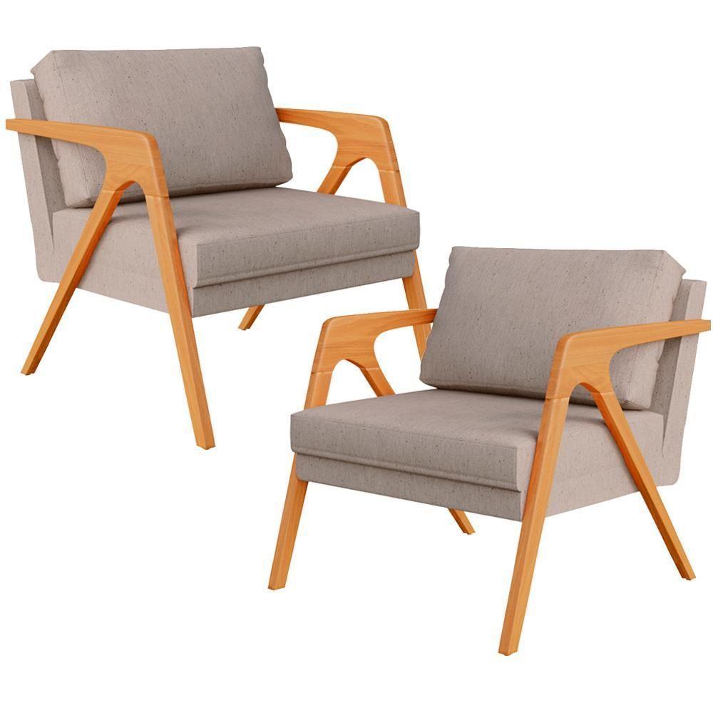 Kit 02 Poltronas Estrutura De Madeira L02 Linho Bege - 1