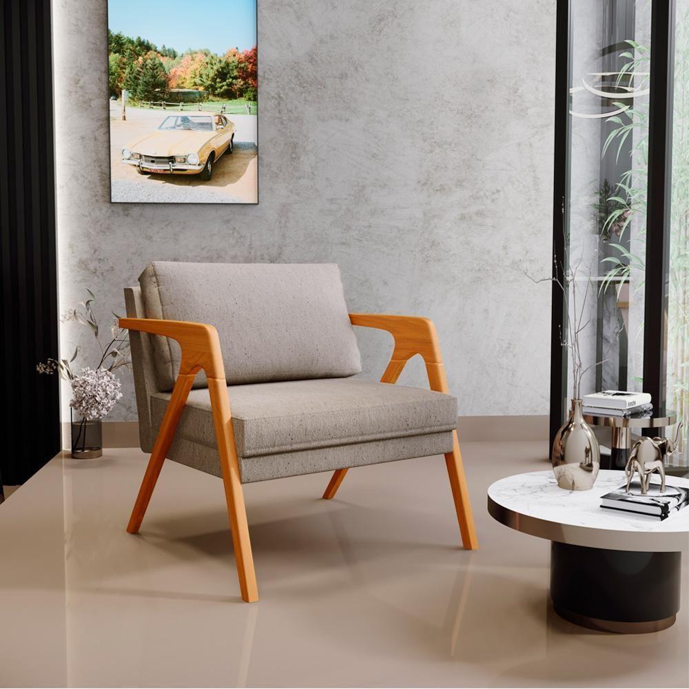 Kit 02 Poltronas Estrutura De Madeira L02 Linho Bege - 8