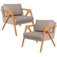 Kit 02 Poltronas Estrutura De Madeira L02 Linho Bege - 1