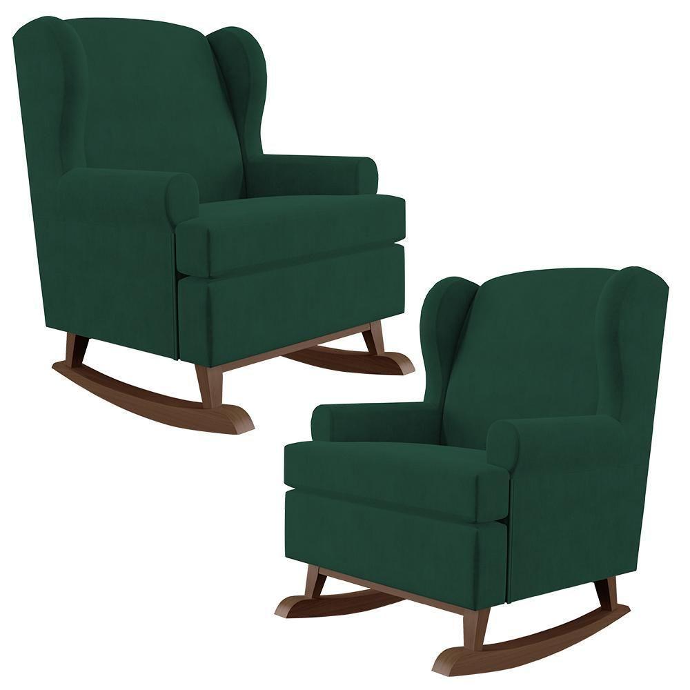 Kit 02 Poltronas Malu Base De Madeira P02 Suede Verde Musgo - 1