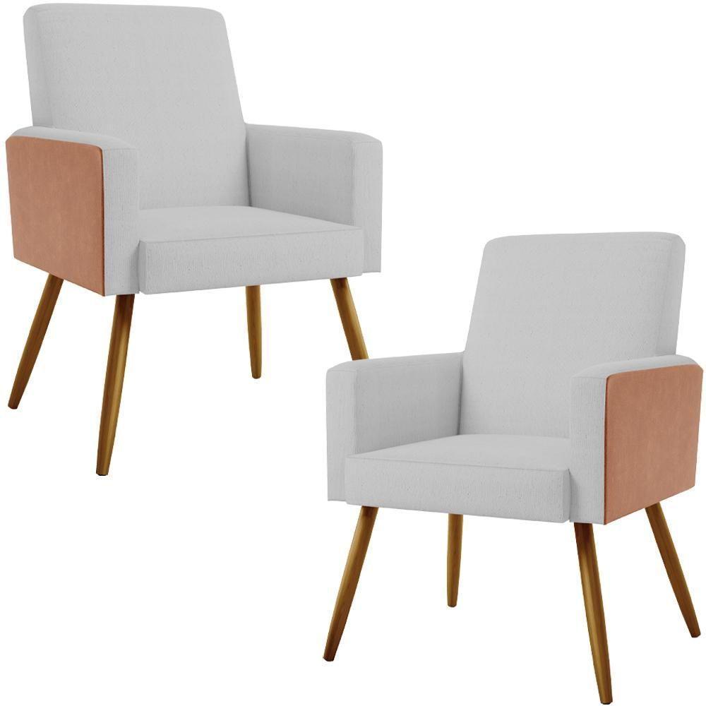 Kit 02 Poltronas Pés Palito Linho Cinza Couríssimo Camel - 1