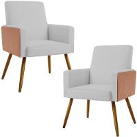 Kit 02 Poltronas Pés Palito Linho Cinza Couríssimo Camel - 1