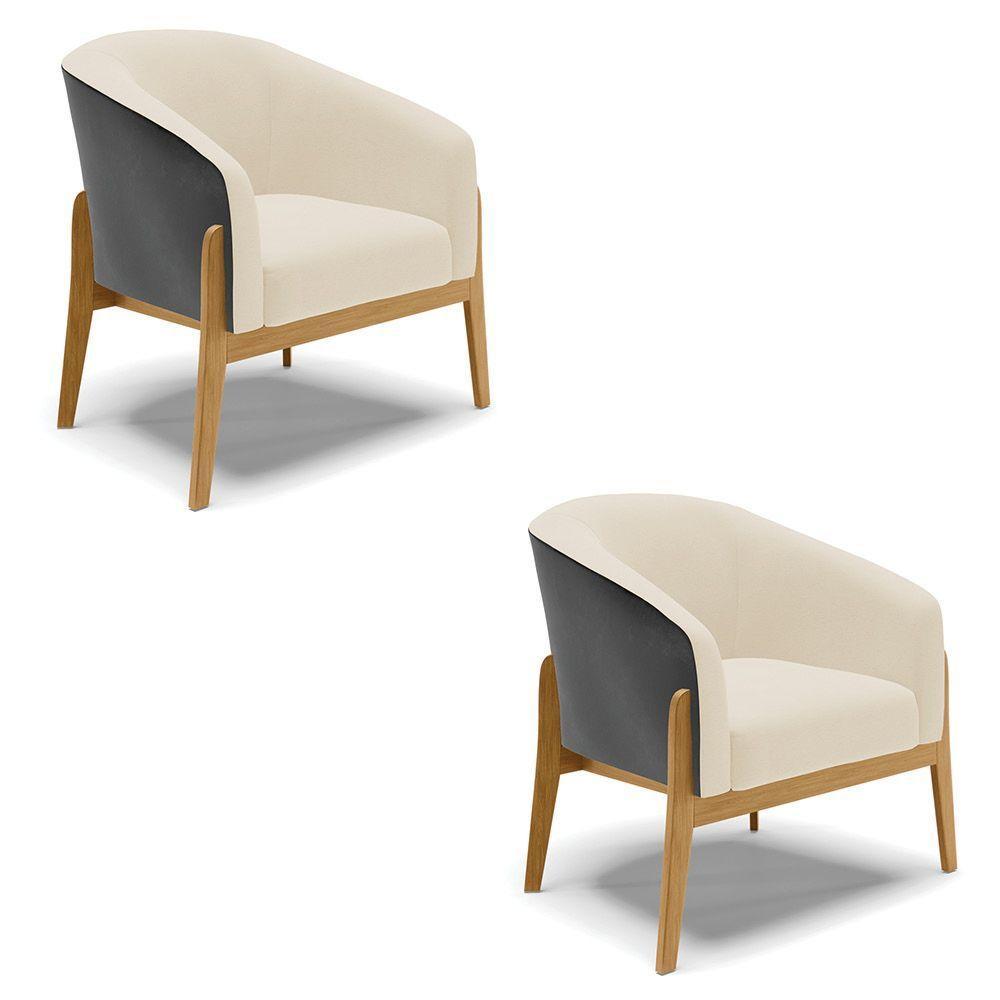 Kit 02 Poltronas Preto Com Linho Bege A19 Base Castanho - 1