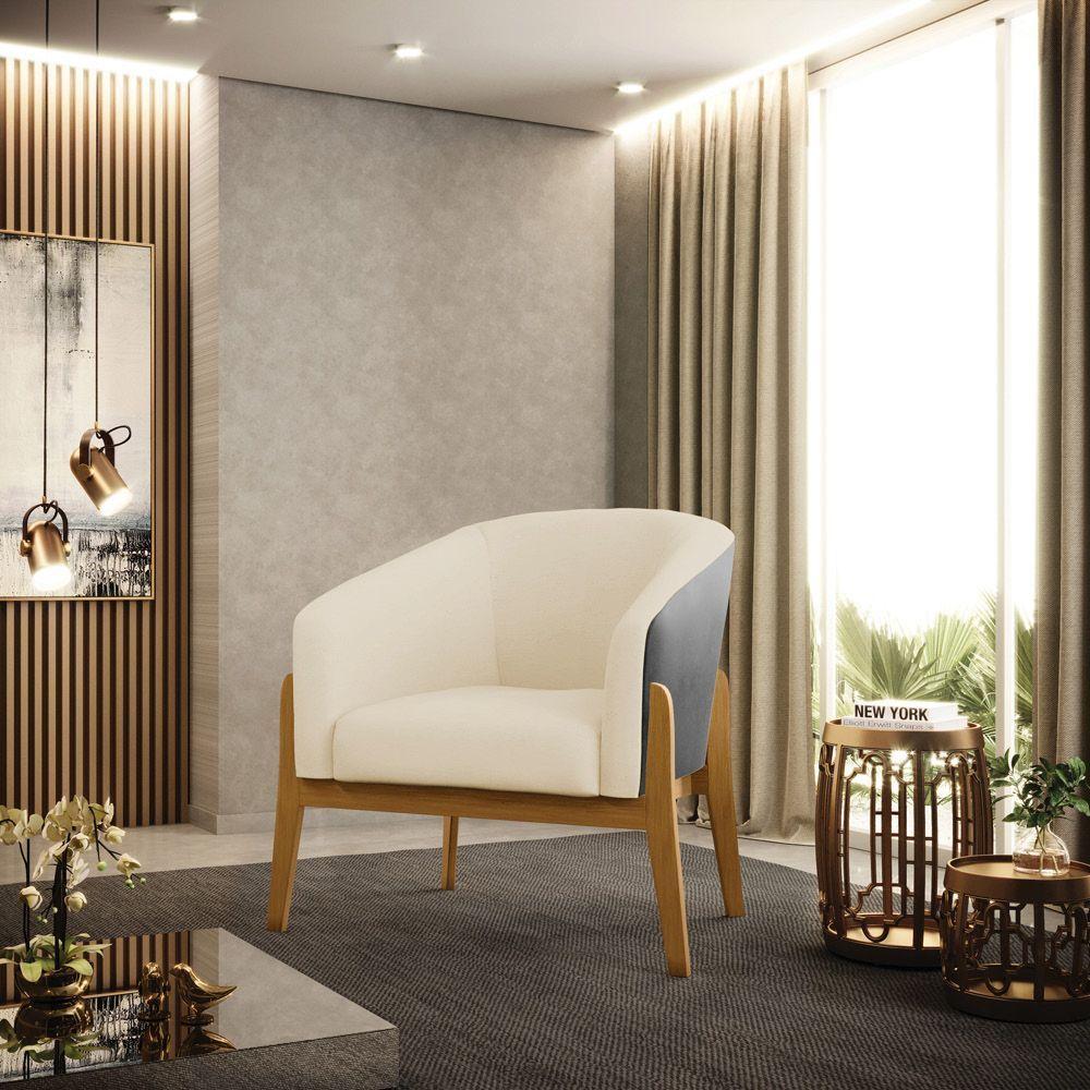 Kit 02 Poltronas Preto Com Linho Bege A19 Base Castanho - 7