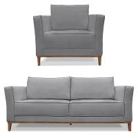 Kit Poltrona E Sofá 2 Lugares 1,90m Grafite Pés Castanho - 1