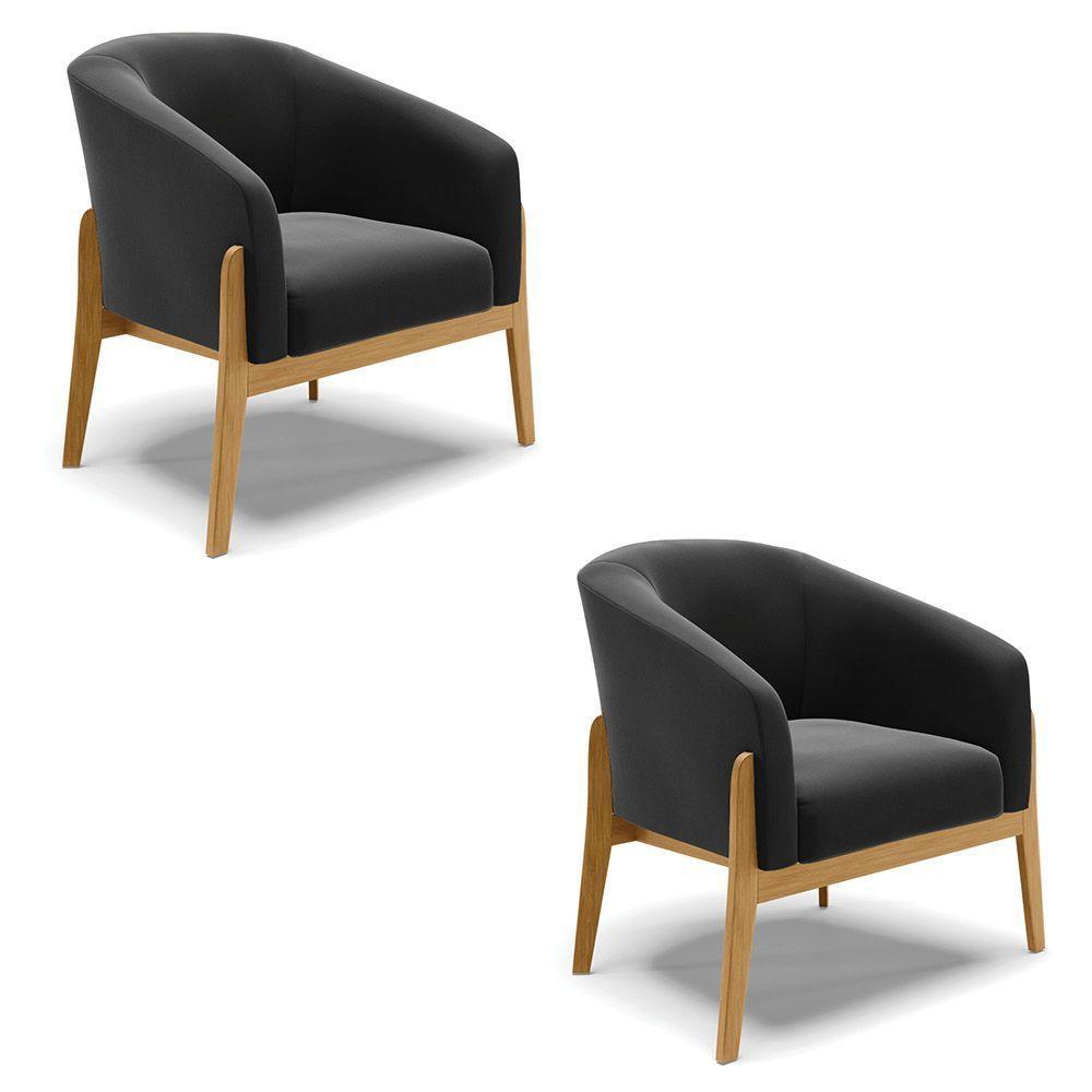 Kit 02 Poltronas Base Madeira Castanho Cor Preto - 1