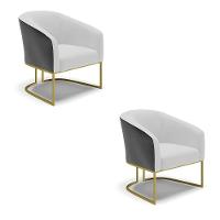 Kit 02 Poltronas Preto Com Linho Cinza A05 Base Dourada - 1