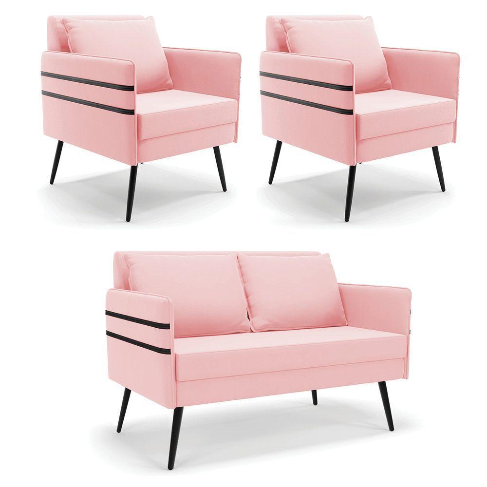Kit 01 Namoradeira E 02 Poltronas Suede Rosa Bebê - 1