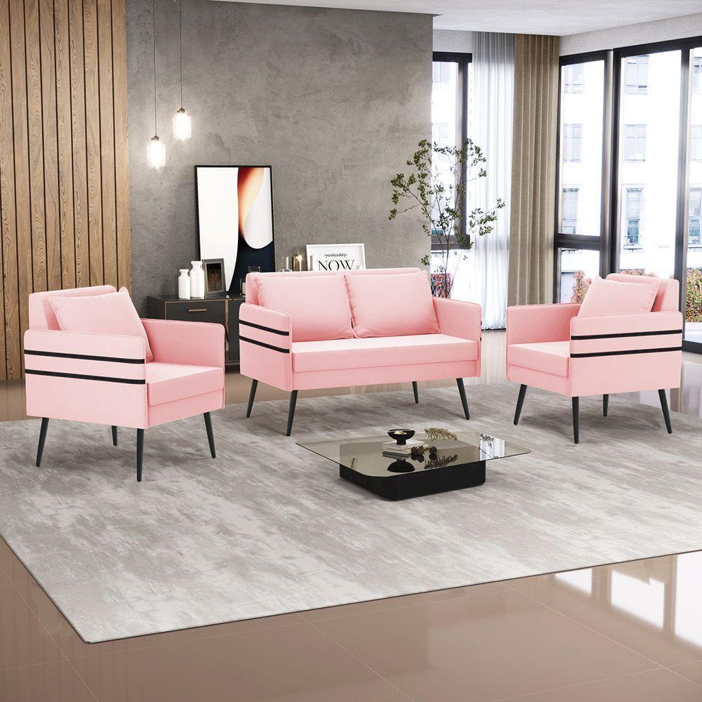 Kit 01 Namoradeira E 02 Poltronas Suede Rosa Bebê - 8