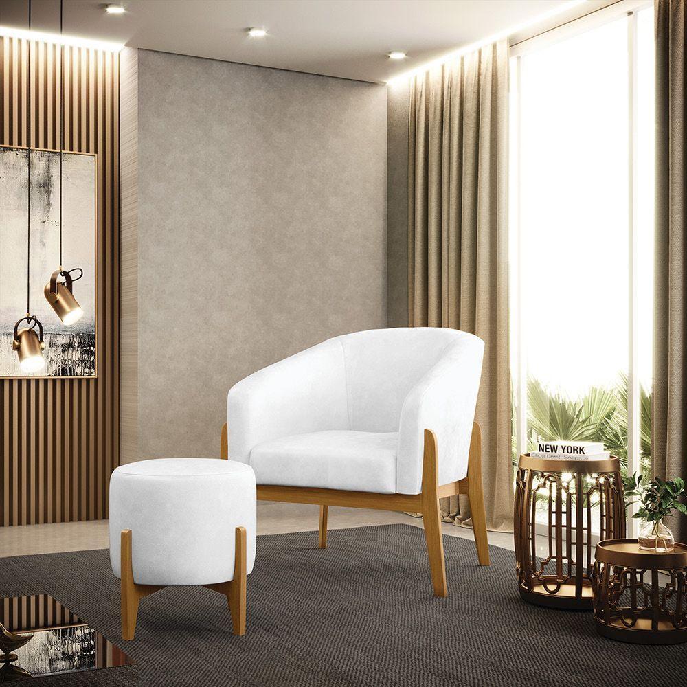 Kit 01 Poltrona E 01 Puff Branco Base Madeira Castanho - 7