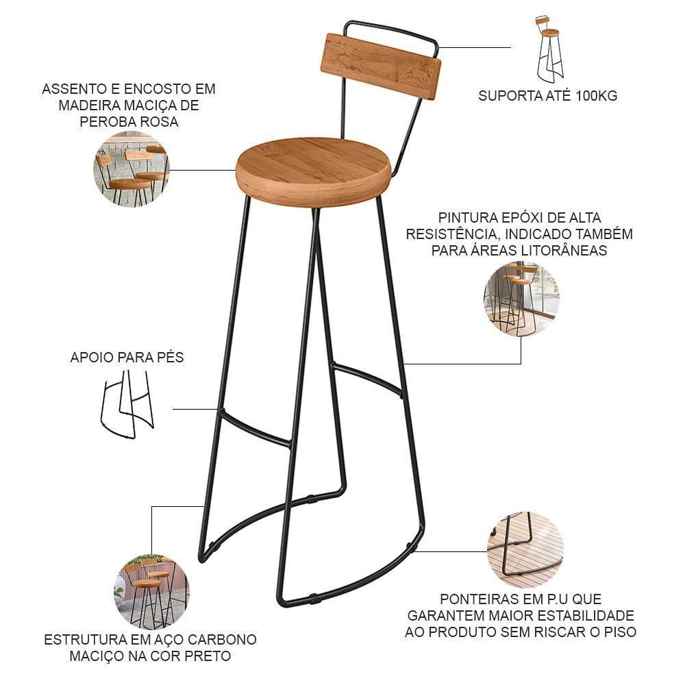 Kit 02 Banquetas Altas Estrutura Em Aço Peroba Rosa - 3