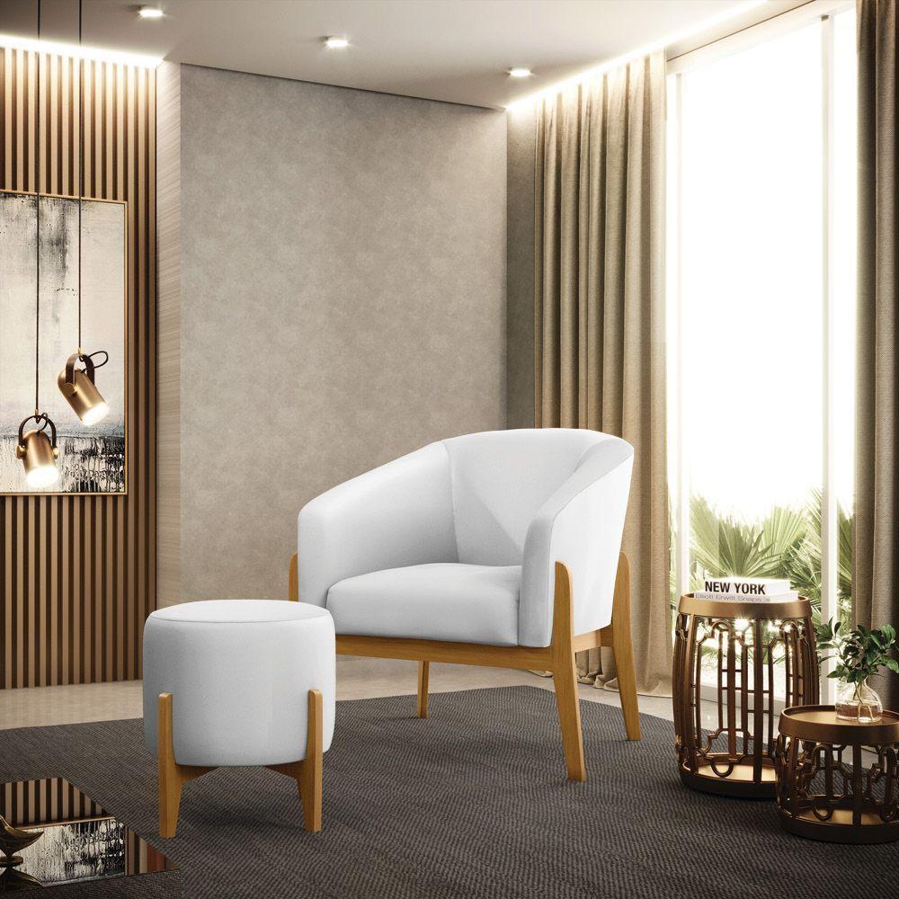 Kit 01 Poltrona E 01 Puff Base Madeira Castanho Branco - 8