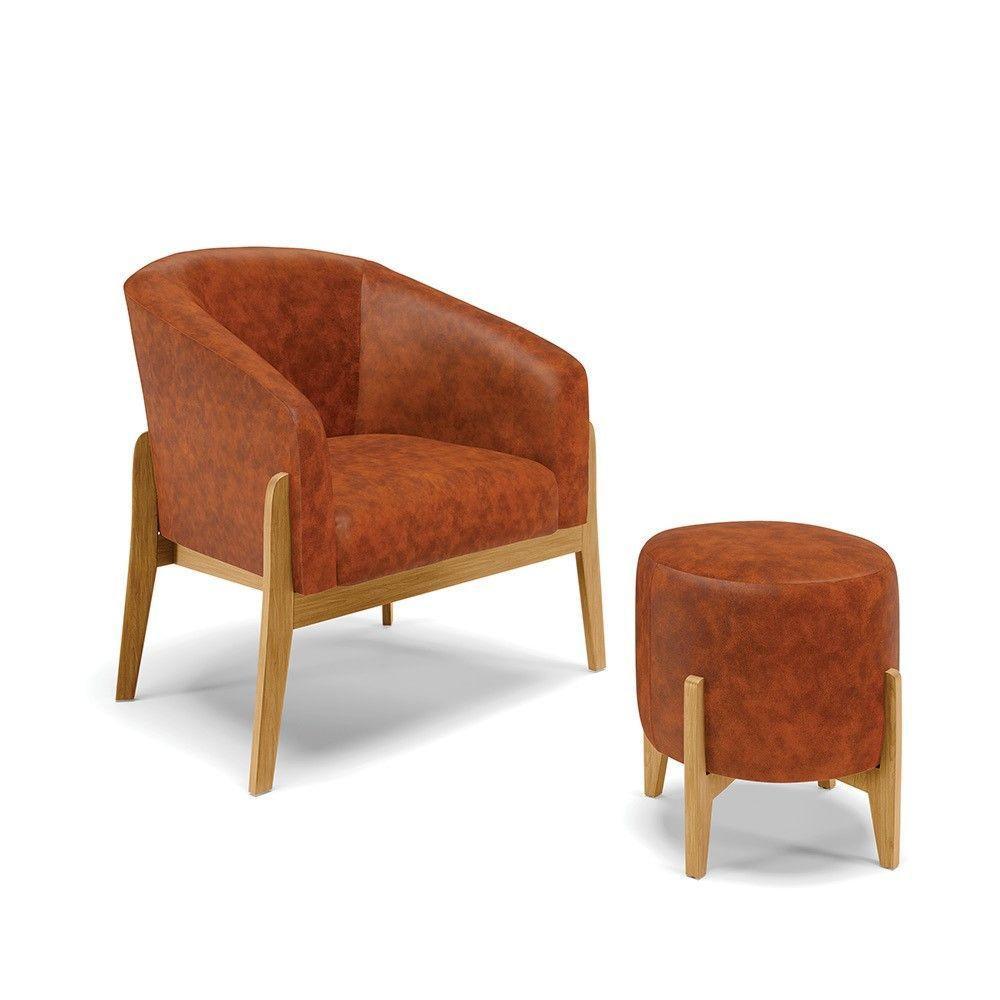 Kit 01 Poltrona E 01 Puff Nozes Base Madeira Castanho - 1