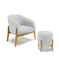 Kit 01 Poltrona E 01 Puff Cinza A05 Base Madeira Castanho - 1