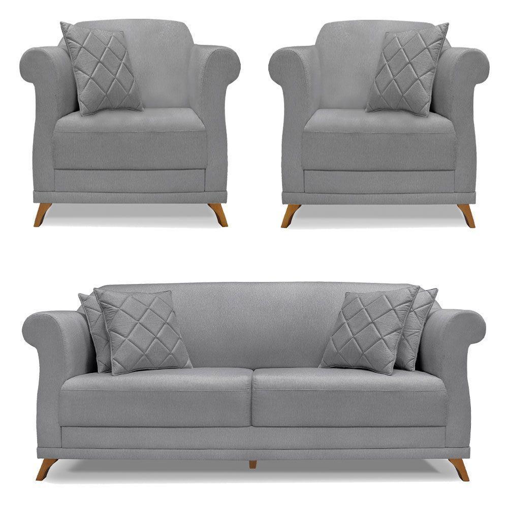 Kit 2 Poltronas E Sofá 2 Lugares 1,60m Pés Castanho Grafite - 1