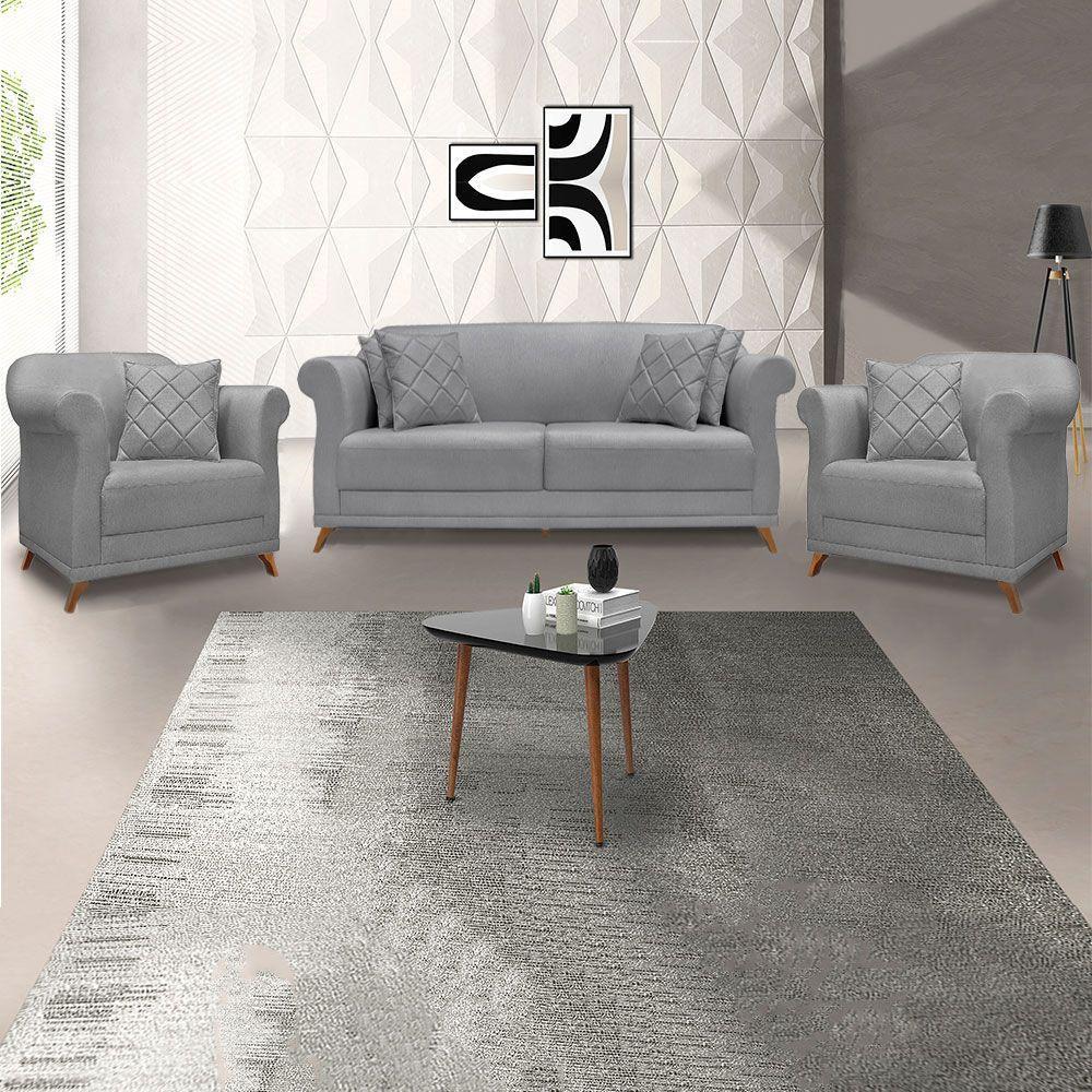 Kit 2 Poltronas E Sofá 2 Lugares 1,60m Pés Castanho Grafite - 9