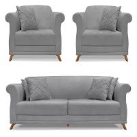 Kit 2 Poltronas E Sofá 2 Lugares 1,60m Pés Castanho Grafite - 1