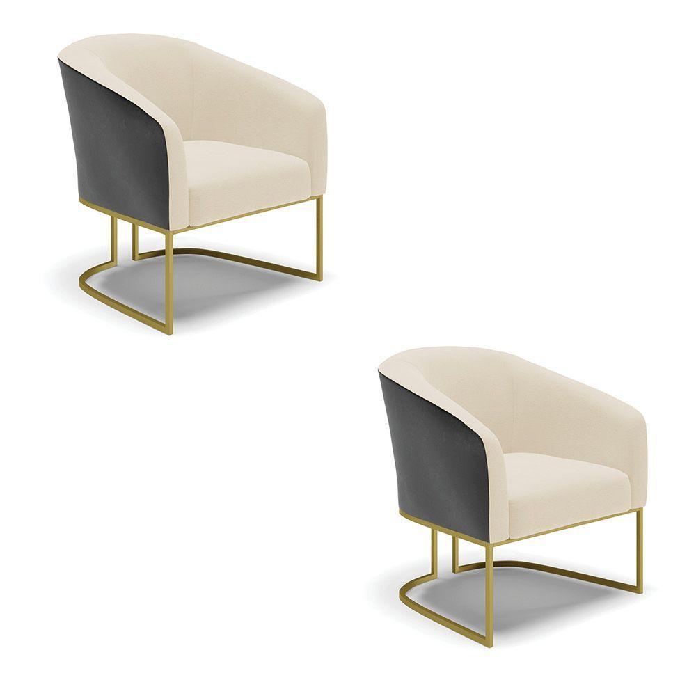 Kit 02 Poltronas Preto Com Linho Bege A19 Base Dourada - 1