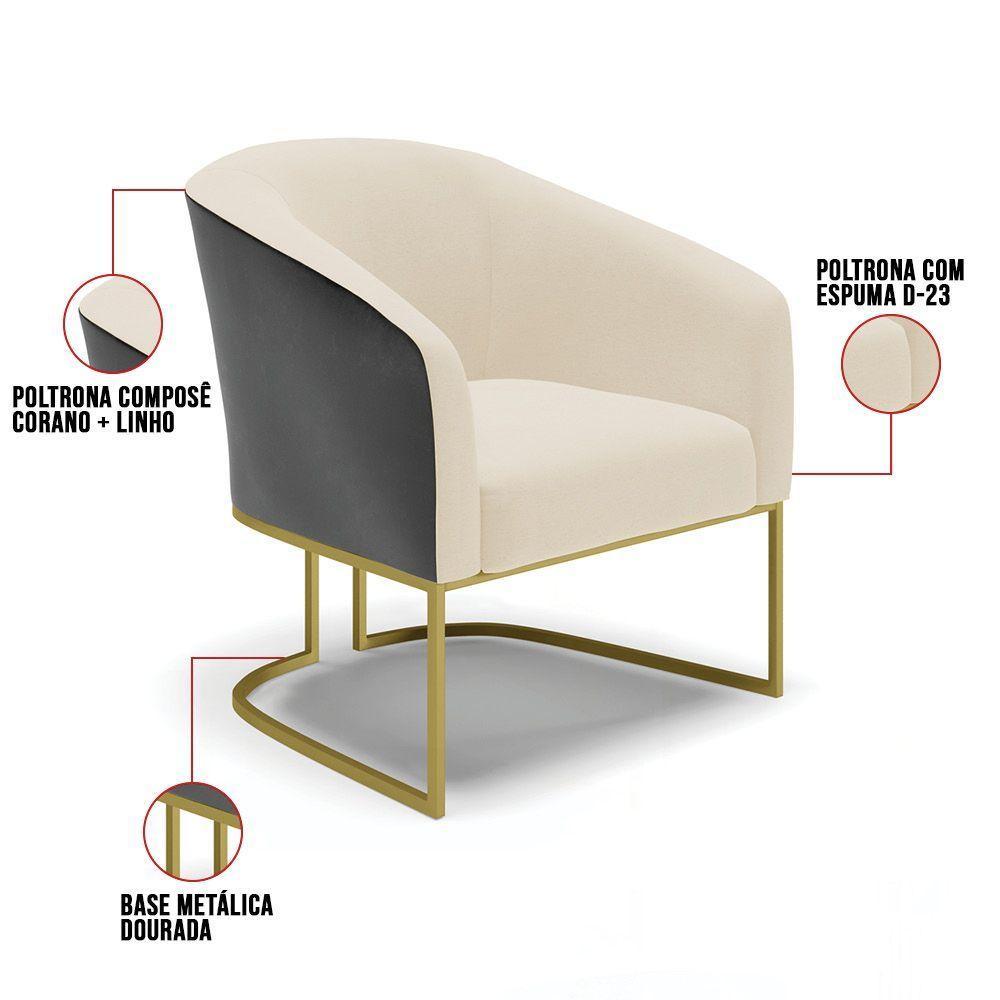 Kit 02 Poltronas Preto Com Linho Bege A19 Base Dourada - 3