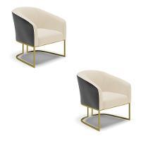 Kit 02 Poltronas Preto Com Linho Bege A19 Base Dourada - 1
