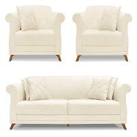 Kit 2 Poltronas E Sofá 2 Lugares 1,60m Pés Castanho Bege - 1