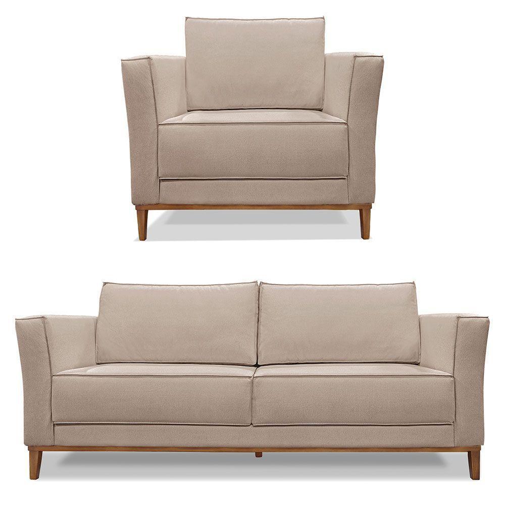 Kit Poltrona E Sofá 2 Lugares 1,90m Pés Castanho Areia - 1