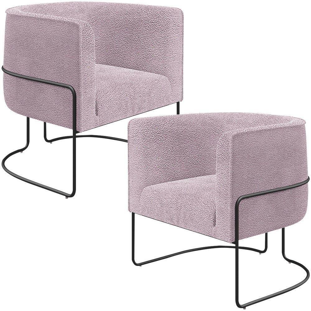 Kit 02 Poltronas Fixa Base Aço Preto Betina D02 Bouclê Rosê - 1