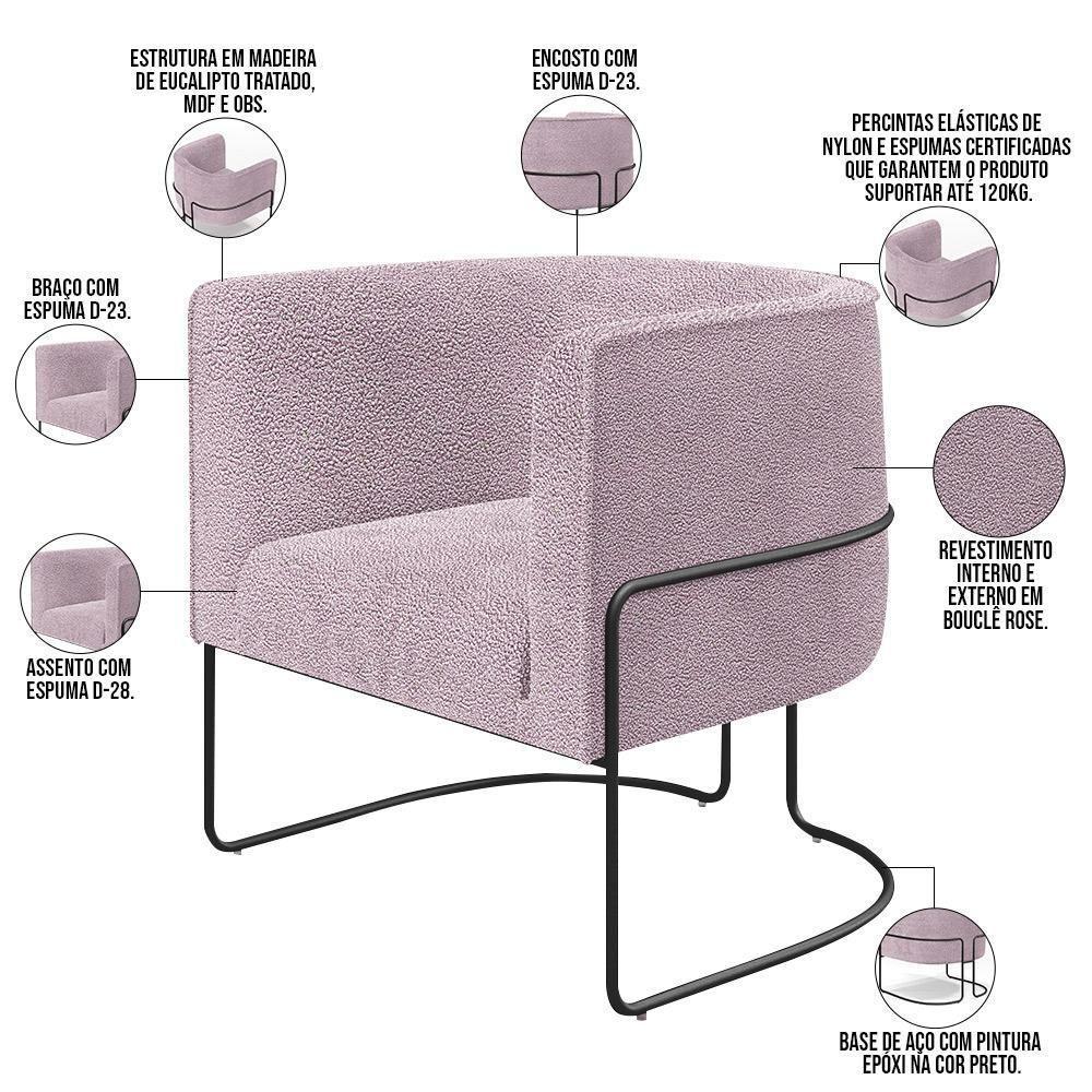 Kit 02 Poltronas Fixa Base Aço Preto Betina D02 Bouclê Rosê - 8
