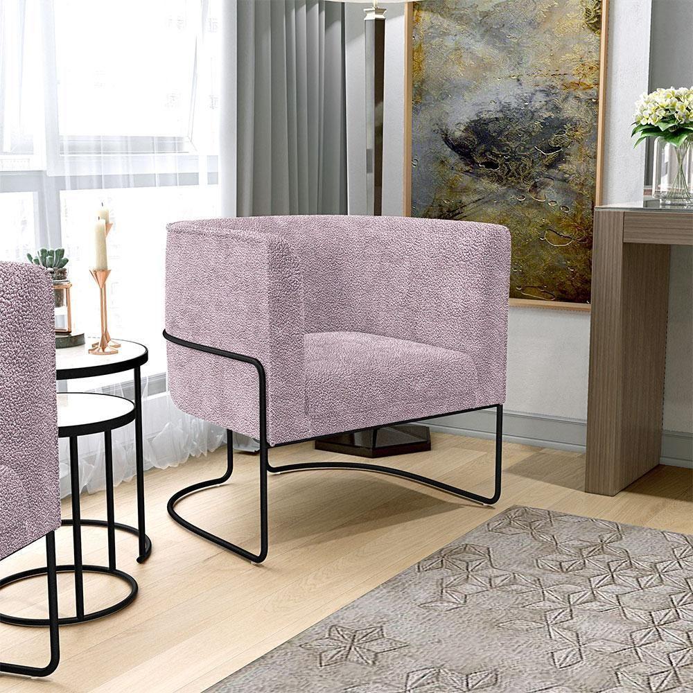 Kit 02 Poltronas Fixa Base Aço Preto Betina D02 Bouclê Rosê - 9