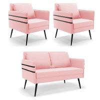 Kit 01 Namoradeira E 02 Poltronas Suede Rosa Bebê