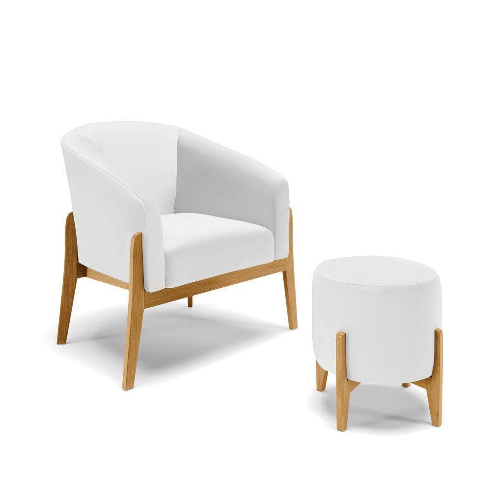 Kit 01 Poltrona E 01 Puff Branco Base Madeira Castanho - 1
