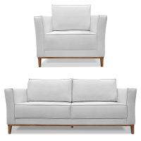 Kit Poltrona E Sofá 2 Lugares 1,70m Pés Castanho Cinza - 1