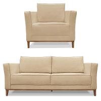 Kit Poltrona E Sofá 2 Lugares 1,90m Pés Castanho Dourado - 1