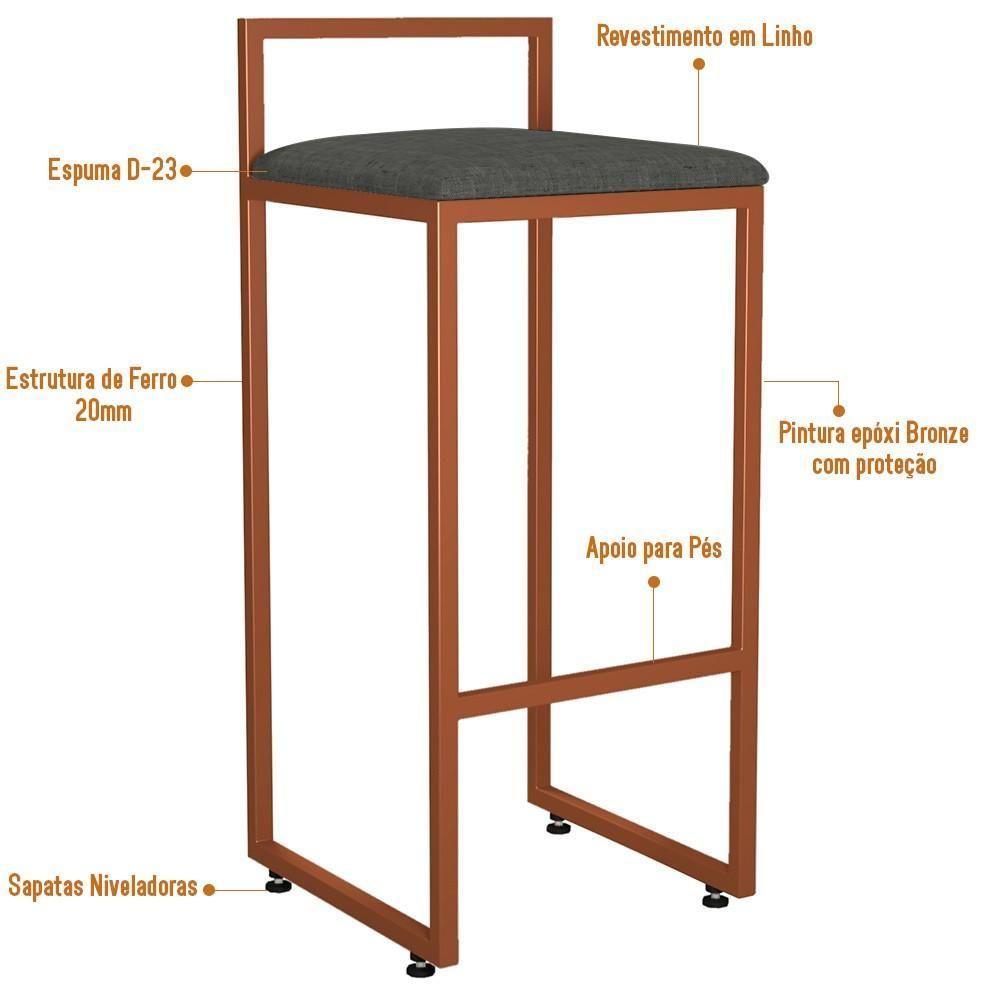Kit 02 Banquetas Alta Hanna Bronze Linho Chumbo - 3