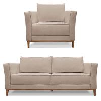 Kit Poltrona E Sofá 2 Lugares 1,70m Pés Castanho Areia - 1