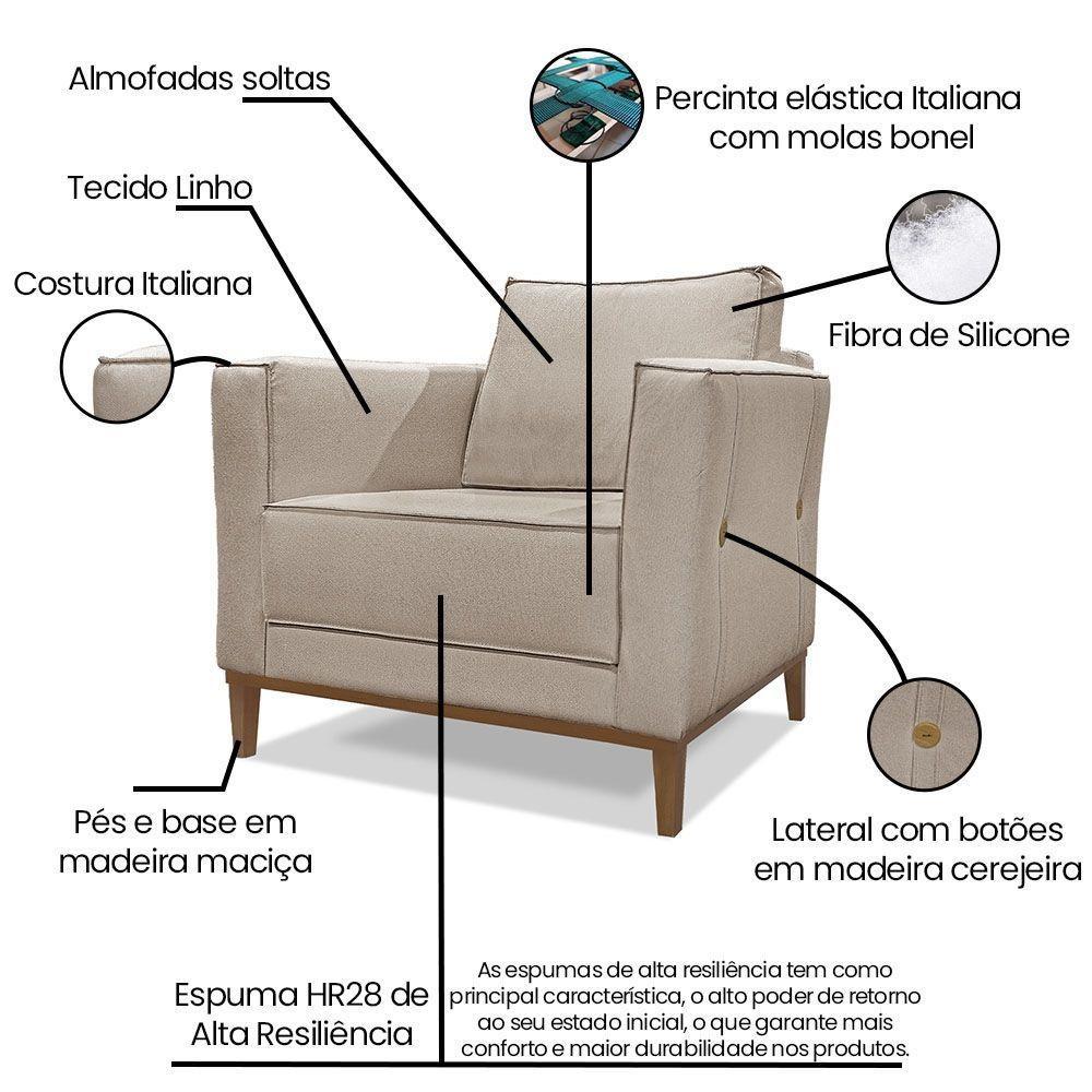 Kit Poltrona E Sofá 2 Lugares 1,90m Areia Pés Castanho - 4