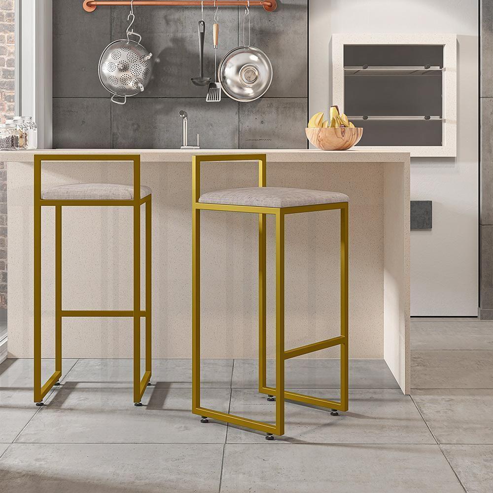 Kit 02 Banquetas Alta Hanna Dourado Linho Bege - 9