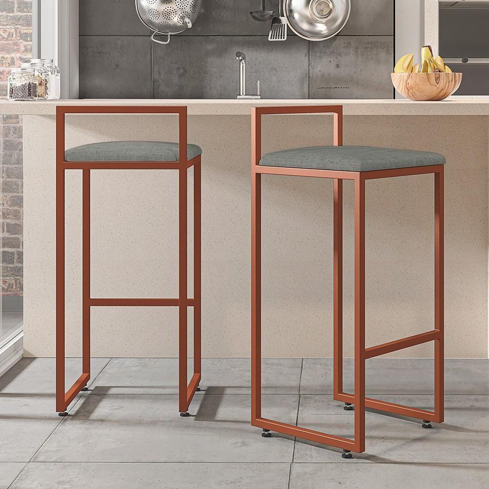 Kit 04 Banquetas Alta Hanna Bronze Linho Cinza Escuro - 8