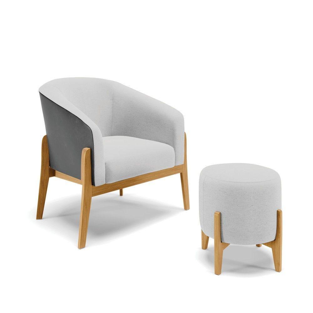 Kit Poltrona E Puff Preto Com Linho Cinza A05 Base Castanho - 1