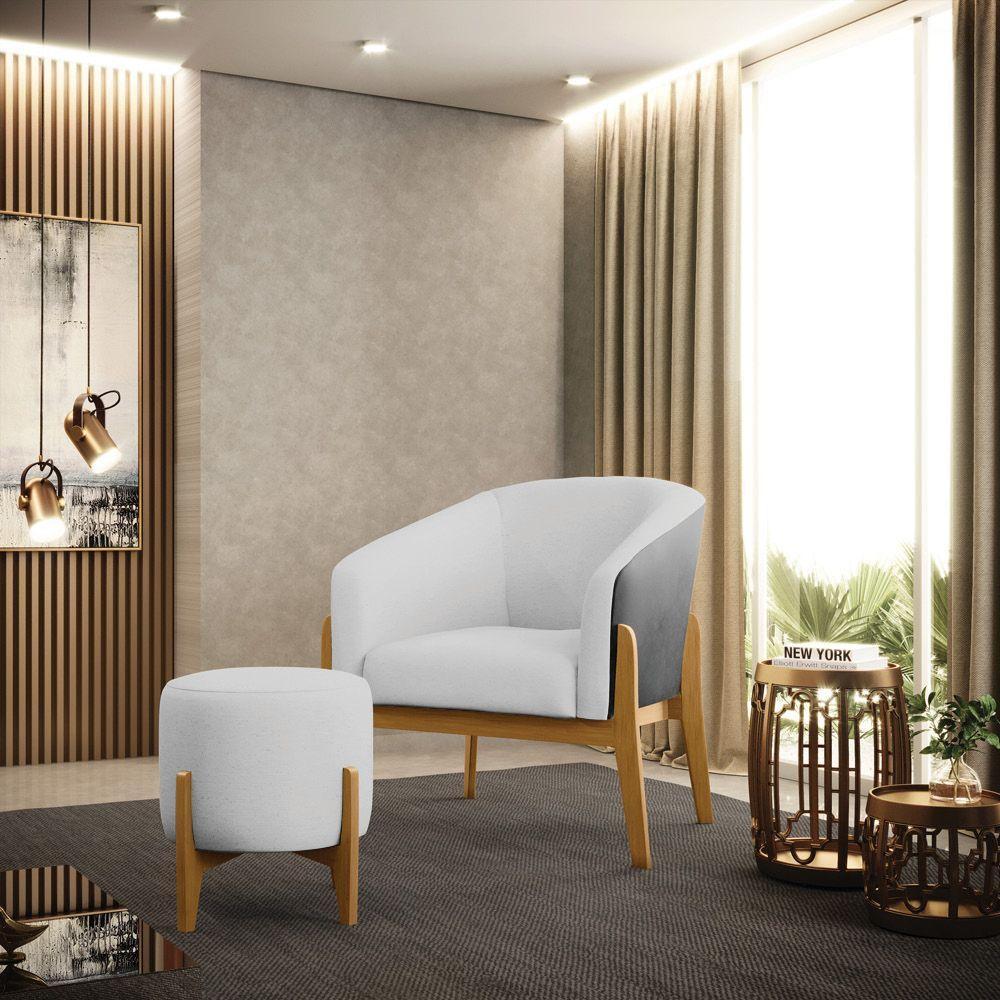 Kit Poltrona E Puff Preto Com Linho Cinza A05 Base Castanho - 8