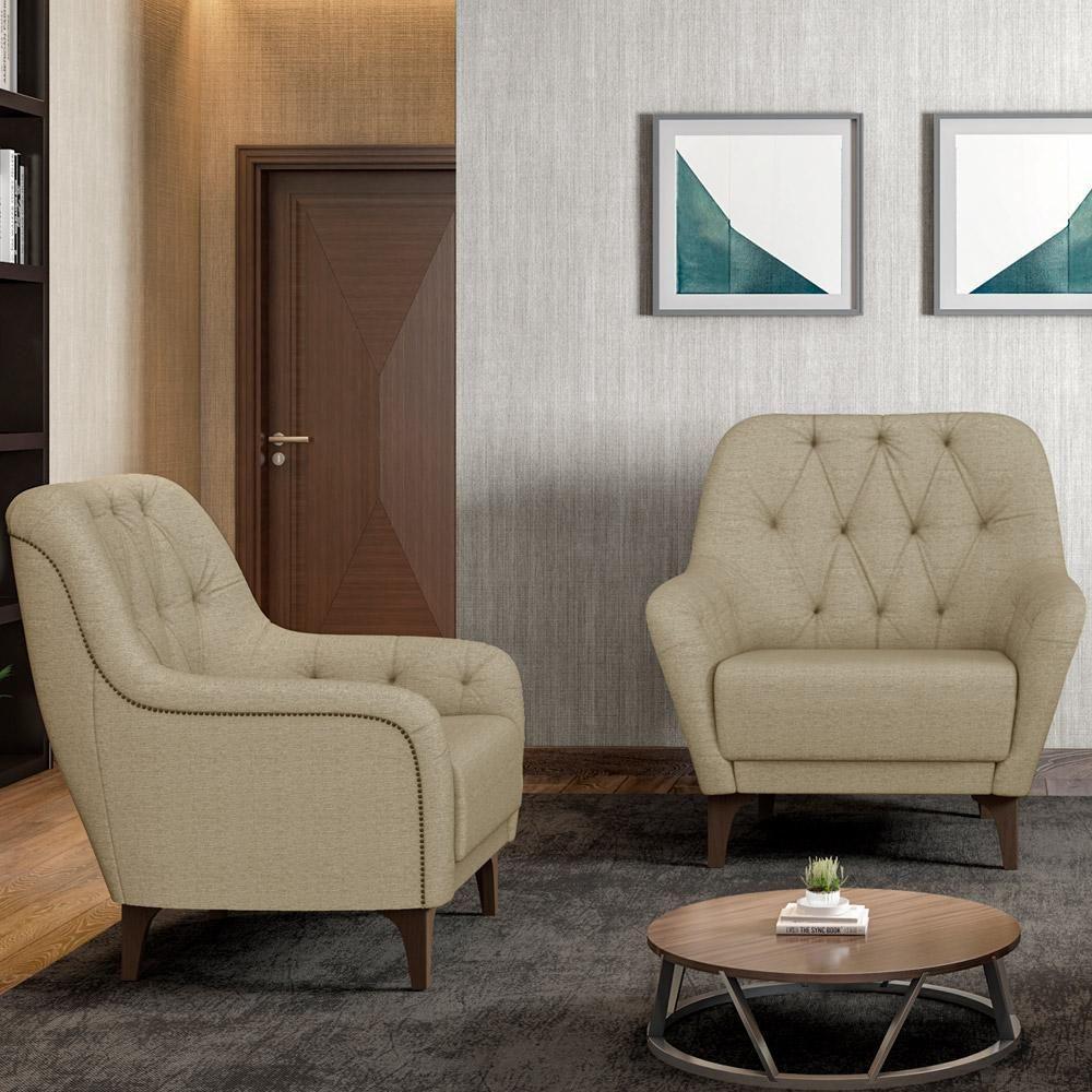 Poltrona Com Tachas Base Fixa Blenda M03 Linho Bege Escuro - 6