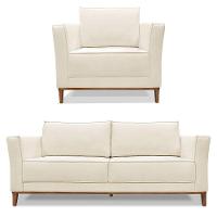 Kit Poltrona E Sofá 2 Lugares 1,90m Natural Pés Castanho - 1