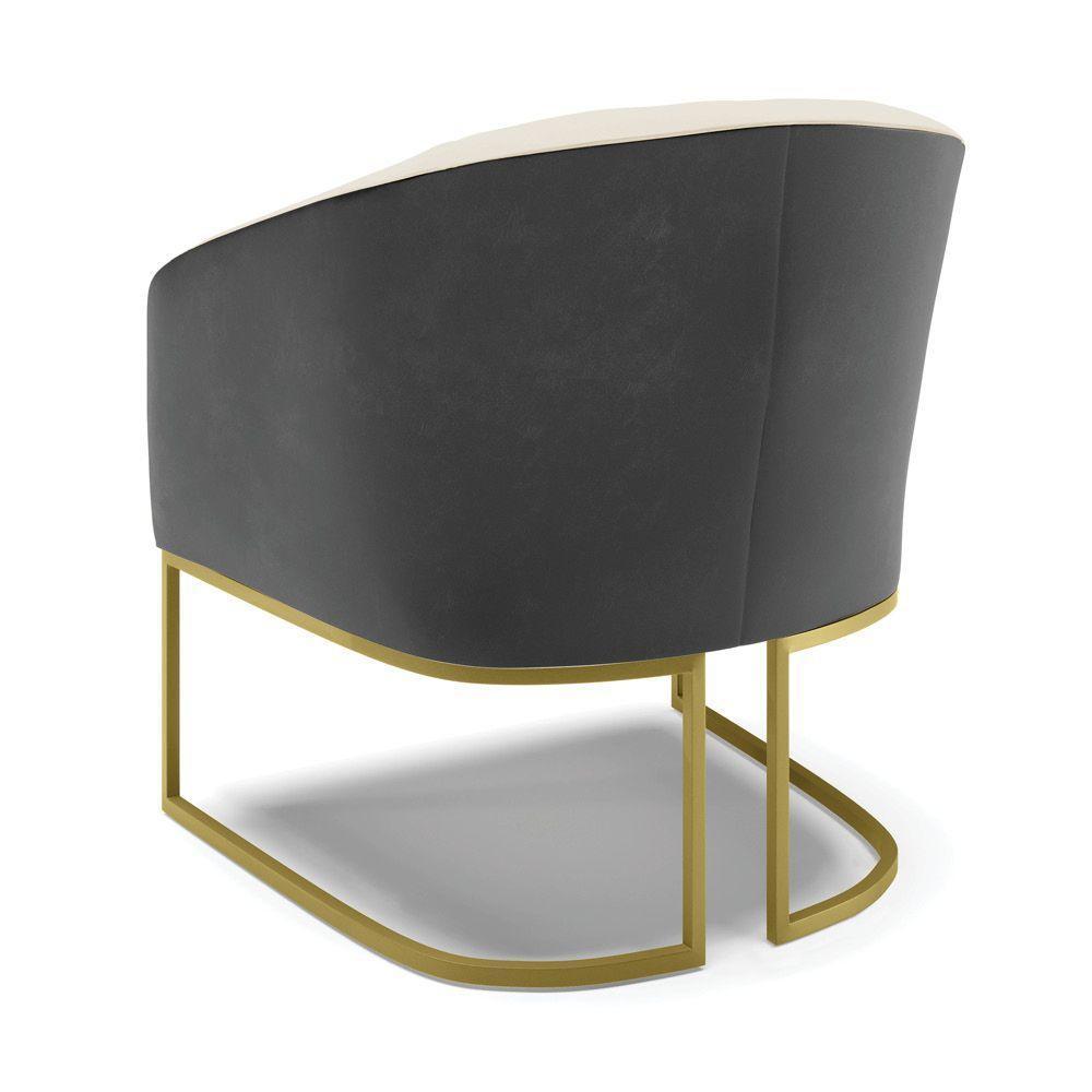 Poltrona Preto Com Linho Bege A19 Base Industrial Dourada - 4