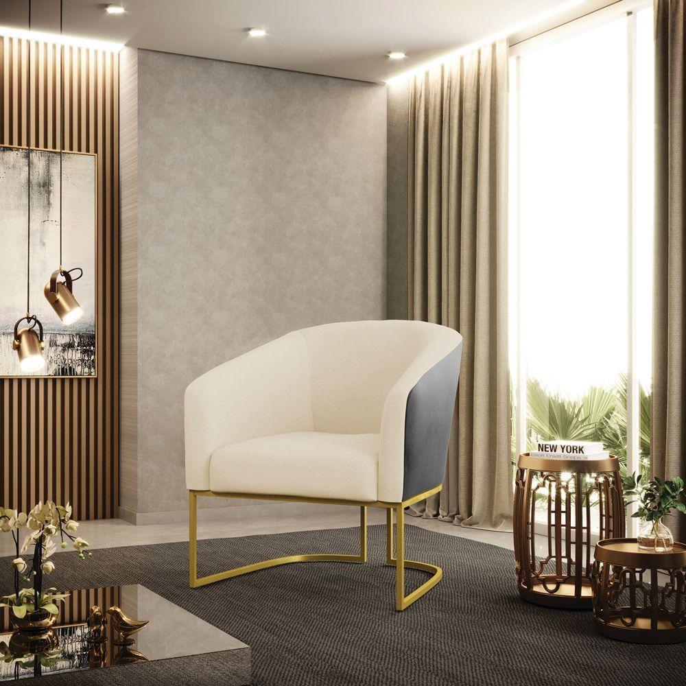 Poltrona Preto Com Linho Bege A19 Base Industrial Dourada - 7