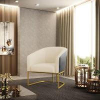 Poltrona Preto Com Linho Bege A19 Base Industrial Dourada - 7