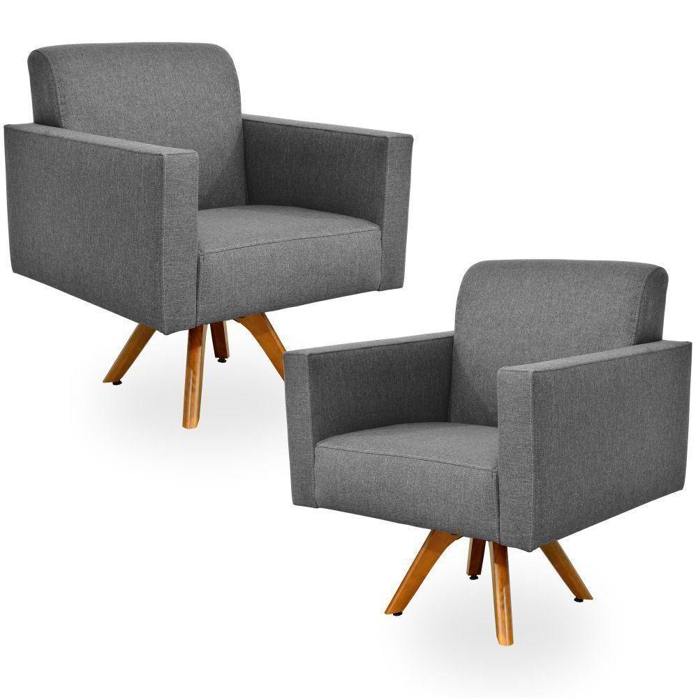 Kit 02 Poltronas Giratória Sala Estar Linho Chumbo - 1