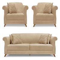 Kit 2 Poltronas E Sofá 2 Lugares 1,80m Dourado Pés Castanho - 1