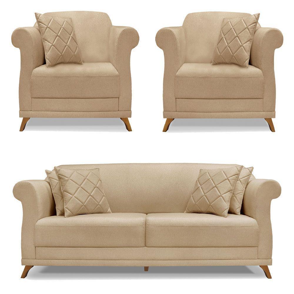 Kit 2 Poltronas E Sofá 2 Lugares 1,60m Dourado Pés Castanho - 1